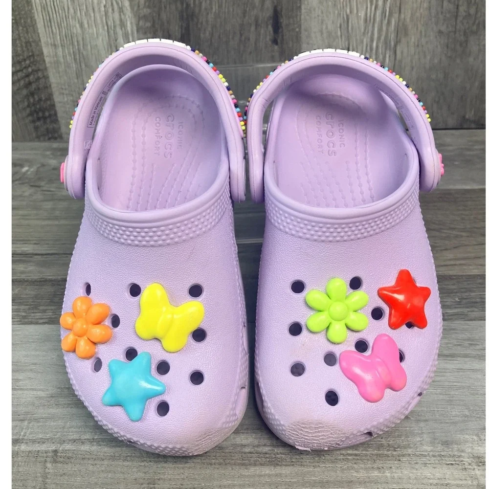 Crocs Classic Clogs Orchid Purple Toddler Size C9 Beaded Straps 3D Charms Kids